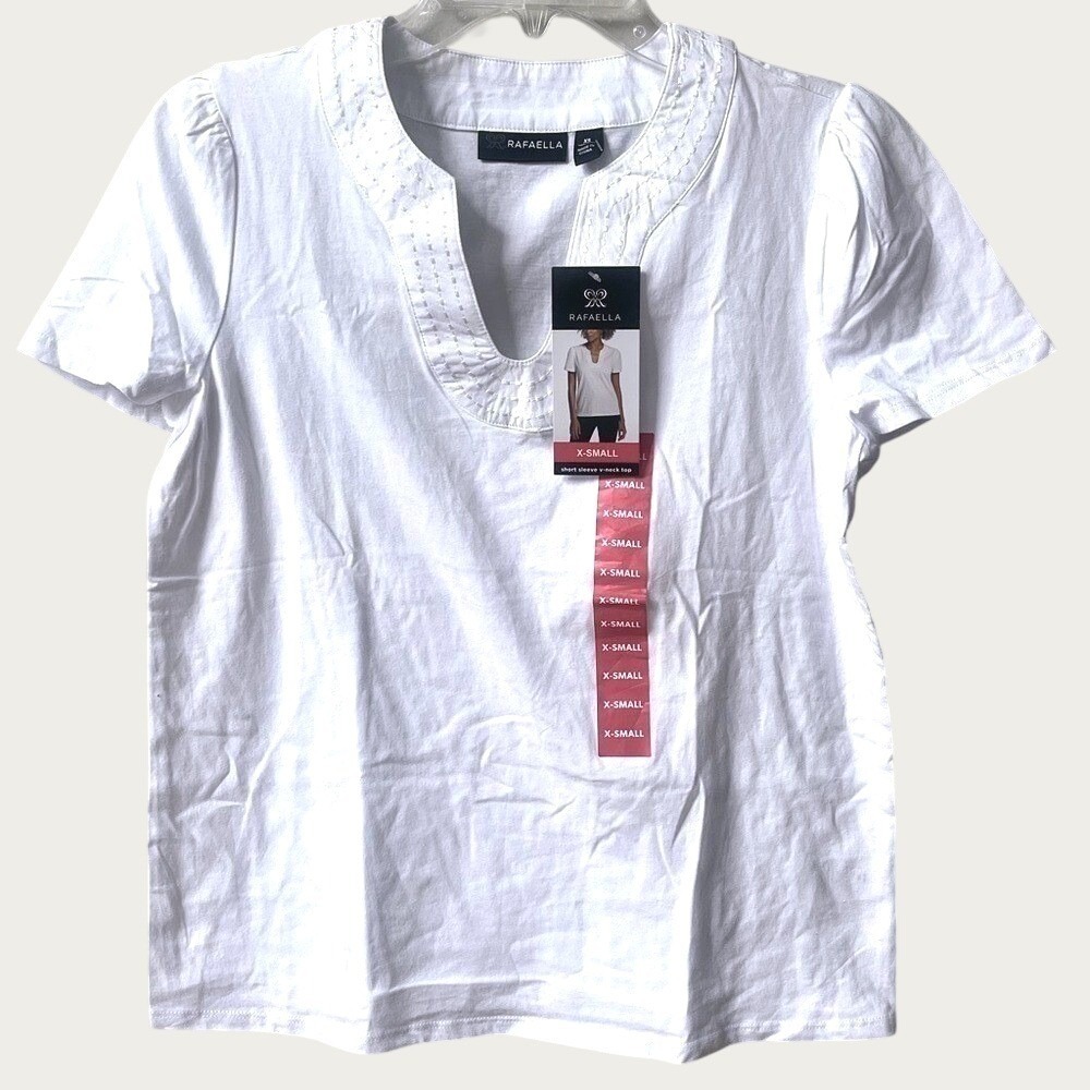 Rafaella Short Sleeve Embroidered Split Neck Top Womens XS White Cotton NWT